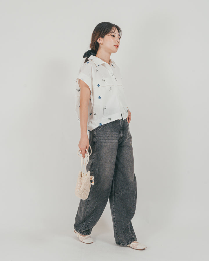 ［SET］Flower刺繍コクーンシャツ + ウエストデザイン カーブデニム（2SET）