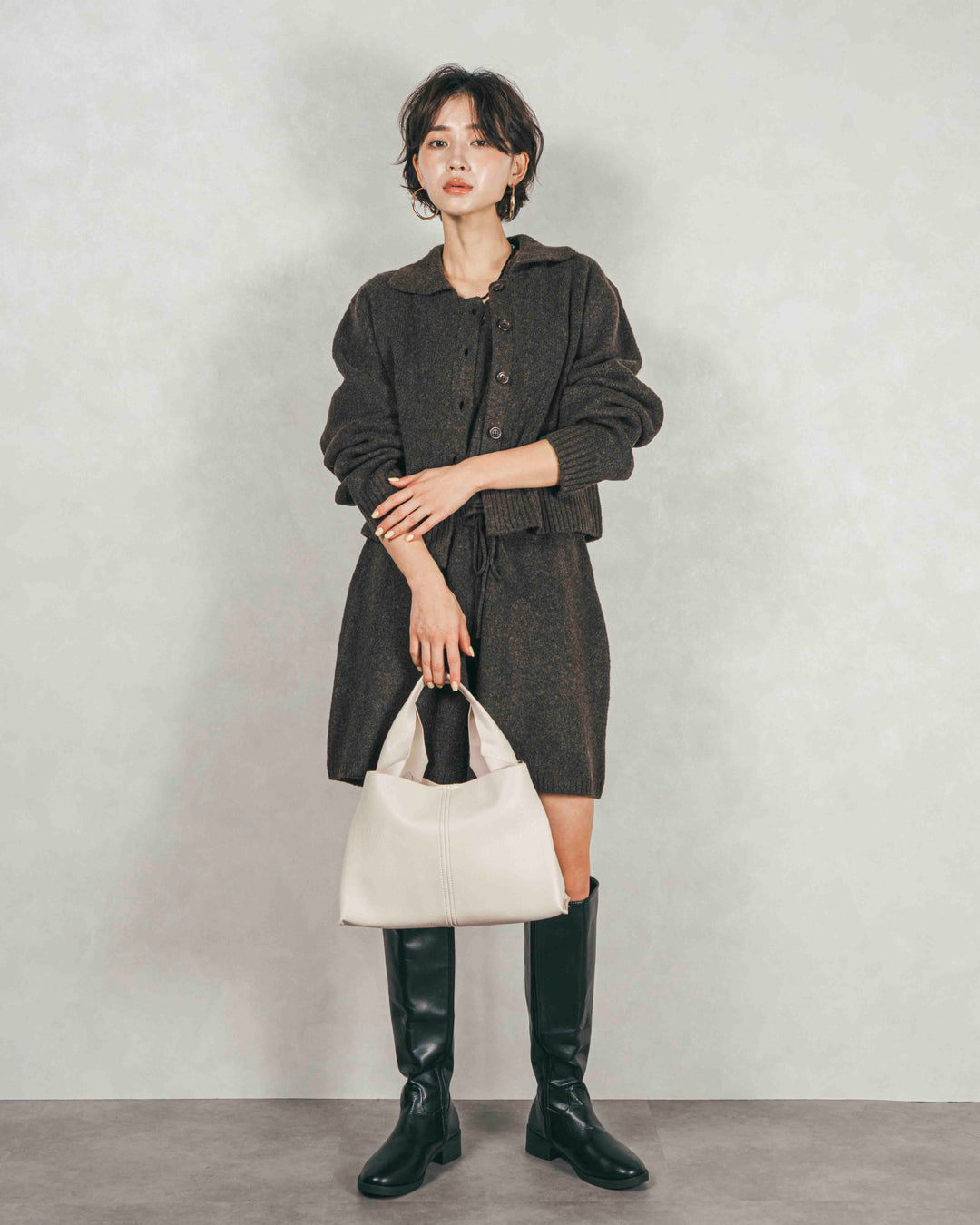 Cloudyメランジ襟付きカーディガン (BROWN)