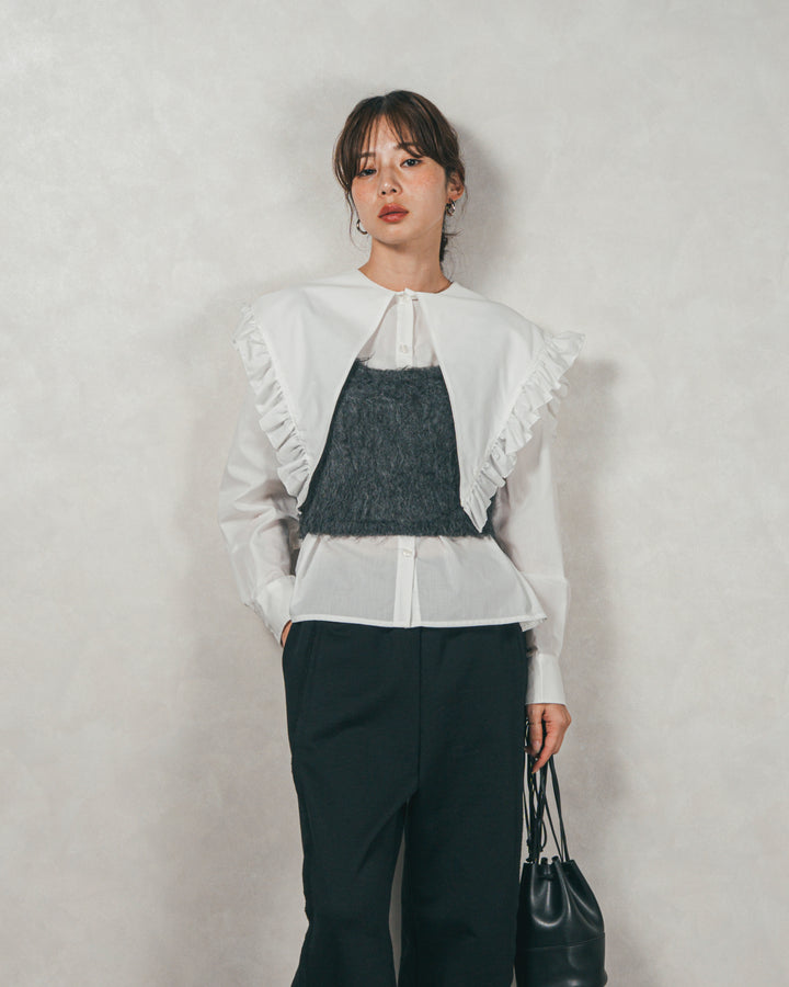 ［SET］2WAYビッグフリルカラーブラウス+モヘアタッチKnitビスチェ+2-Way ウェーブデザインスウェットパンツ（3SET）