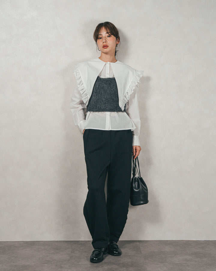 ［SET］2WAYビッグフリルカラーブラウス+モヘアタッチKnitビスチェ+2-Way ウェーブデザインスウェットパンツ（3SET）