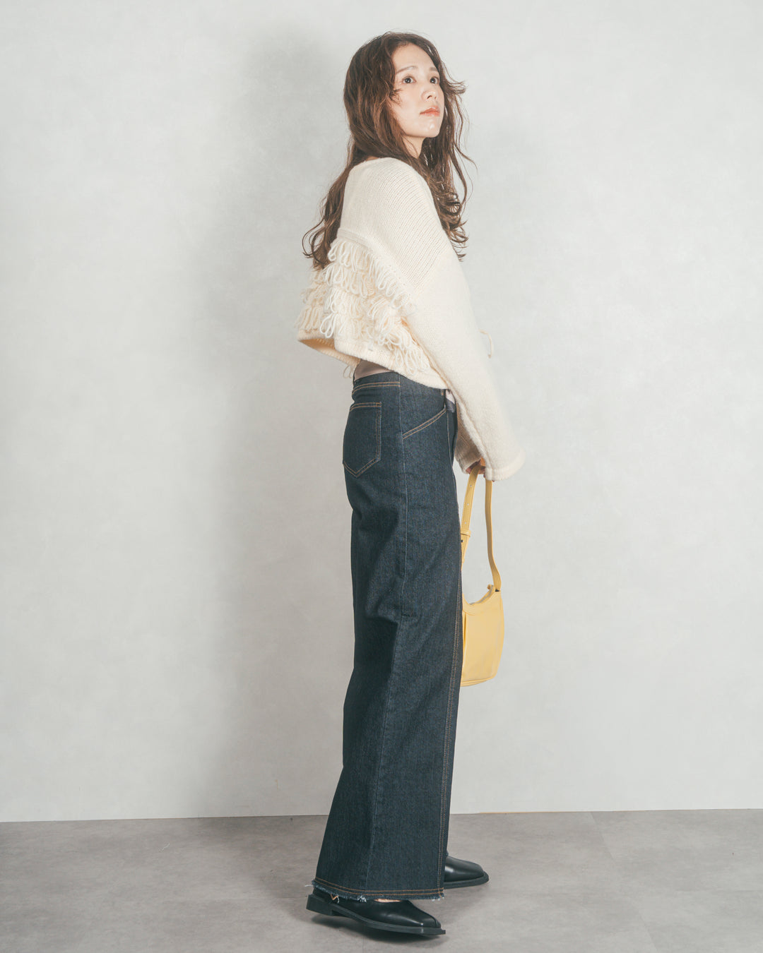 ［SET］ループ編みフリンジカーディガン+センターシーム リラックスワイドデニム（2SET）