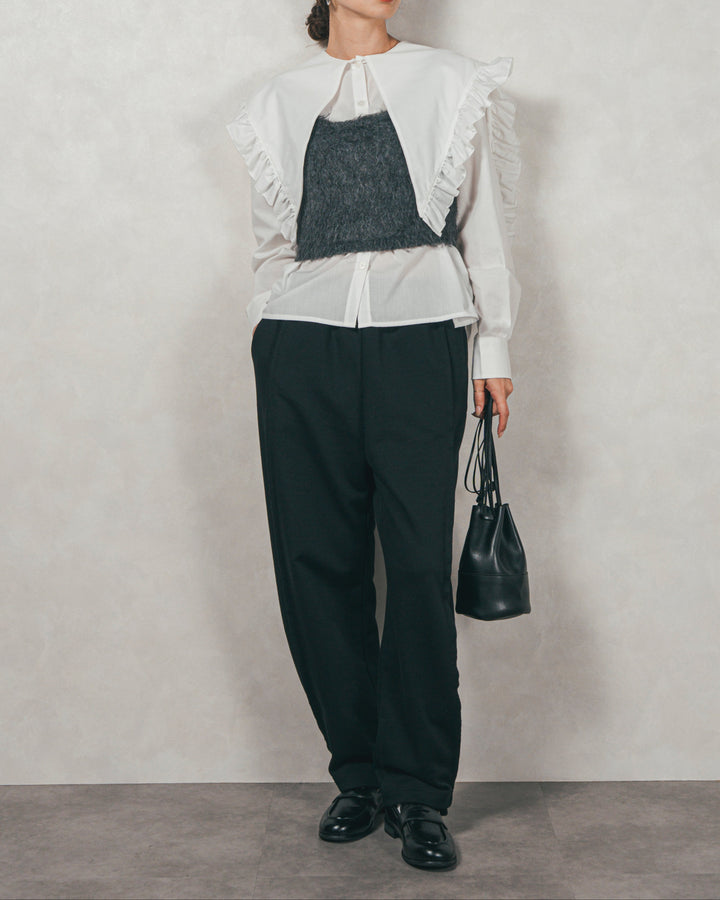 ［SET］2WAYビッグフリルカラーブラウス+モヘアタッチKnitビスチェ+2-Way ウェーブデザインスウェットパンツ（3SET）