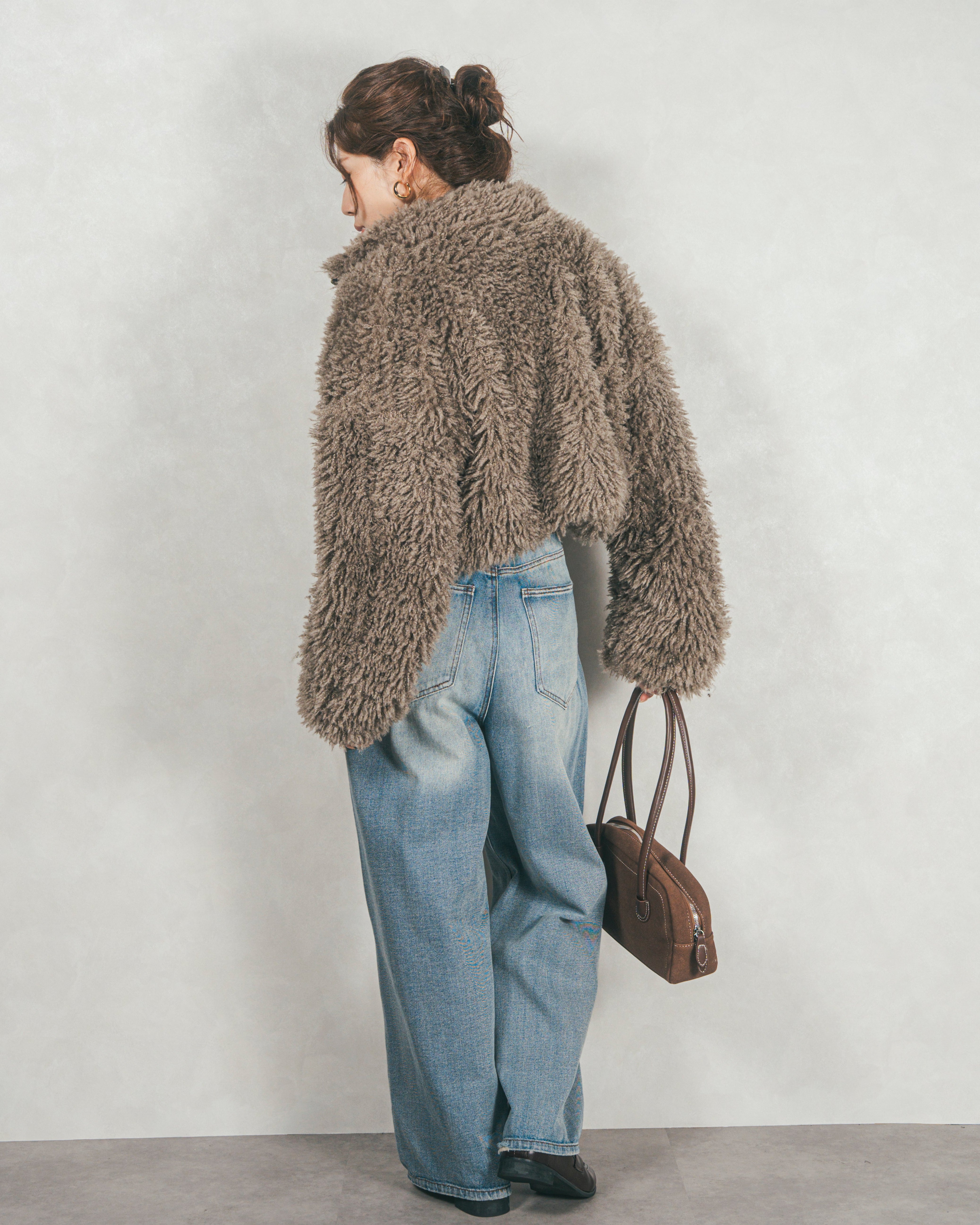 SET］プードルボアZipショートコート+ワイドTuckイージーデニム（2SET