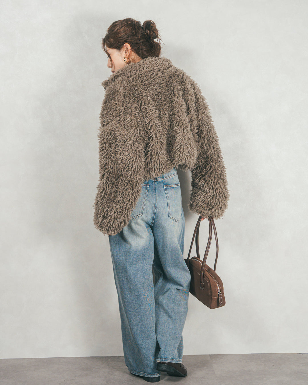 ［SET］プードルボアZipショートコート+ワイドTuckイージーデニム（2SET）