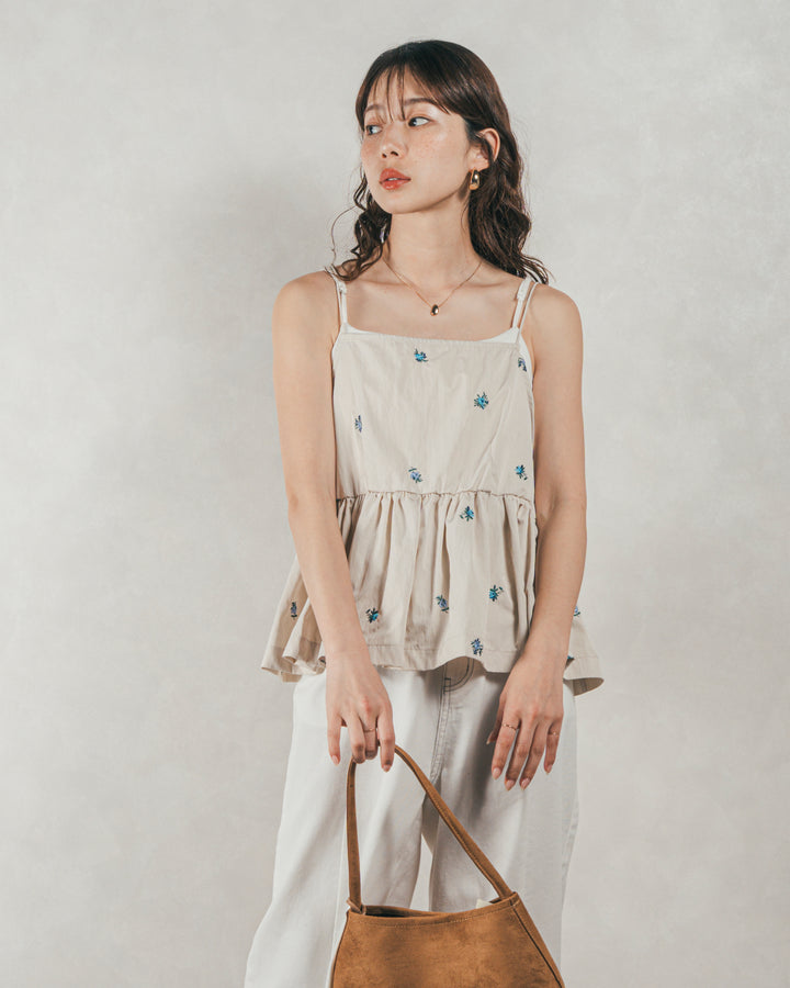 ［SET］Flower刺繍　ボリュームキャミ + 10oz ニュアンスバイカラー リラックスワイドデニム（2SET）