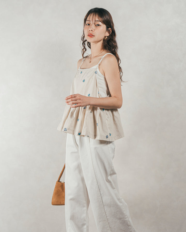 ［SET］Flower刺繍　ボリュームキャミ + 10oz ニュアンスバイカラー リラックスワイドデニム（2SET）