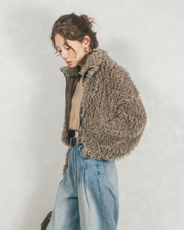 ［SET］プードルボアZipショートコート+ワイドTuckイージーデニム（2SET）