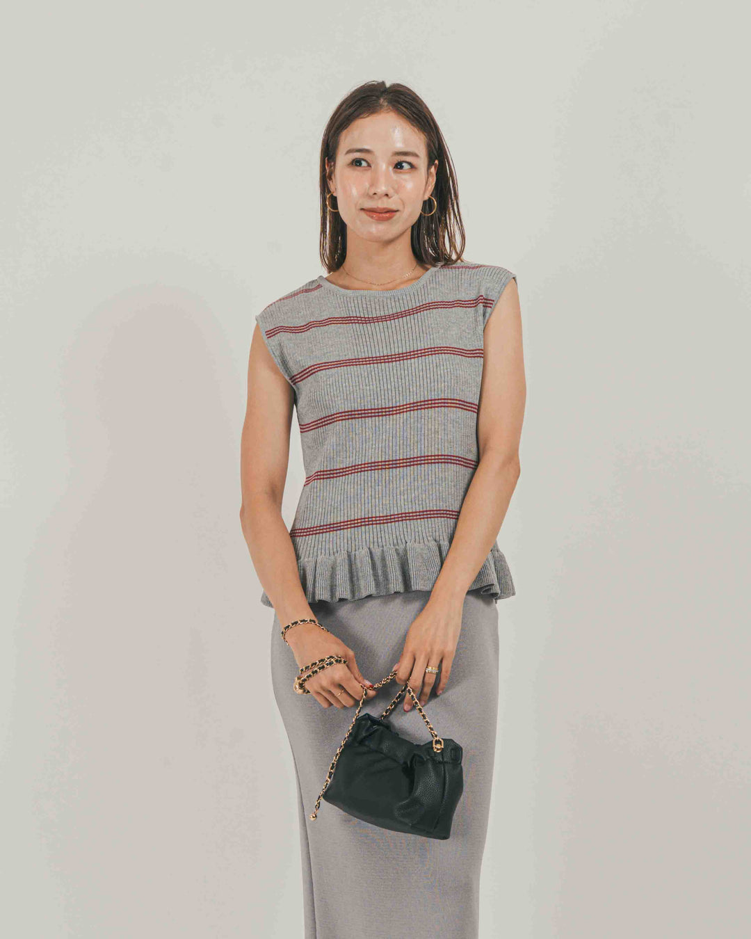 ［SET］Rib Border フリルニット + Relax Knit ストレートスカート（2SET）