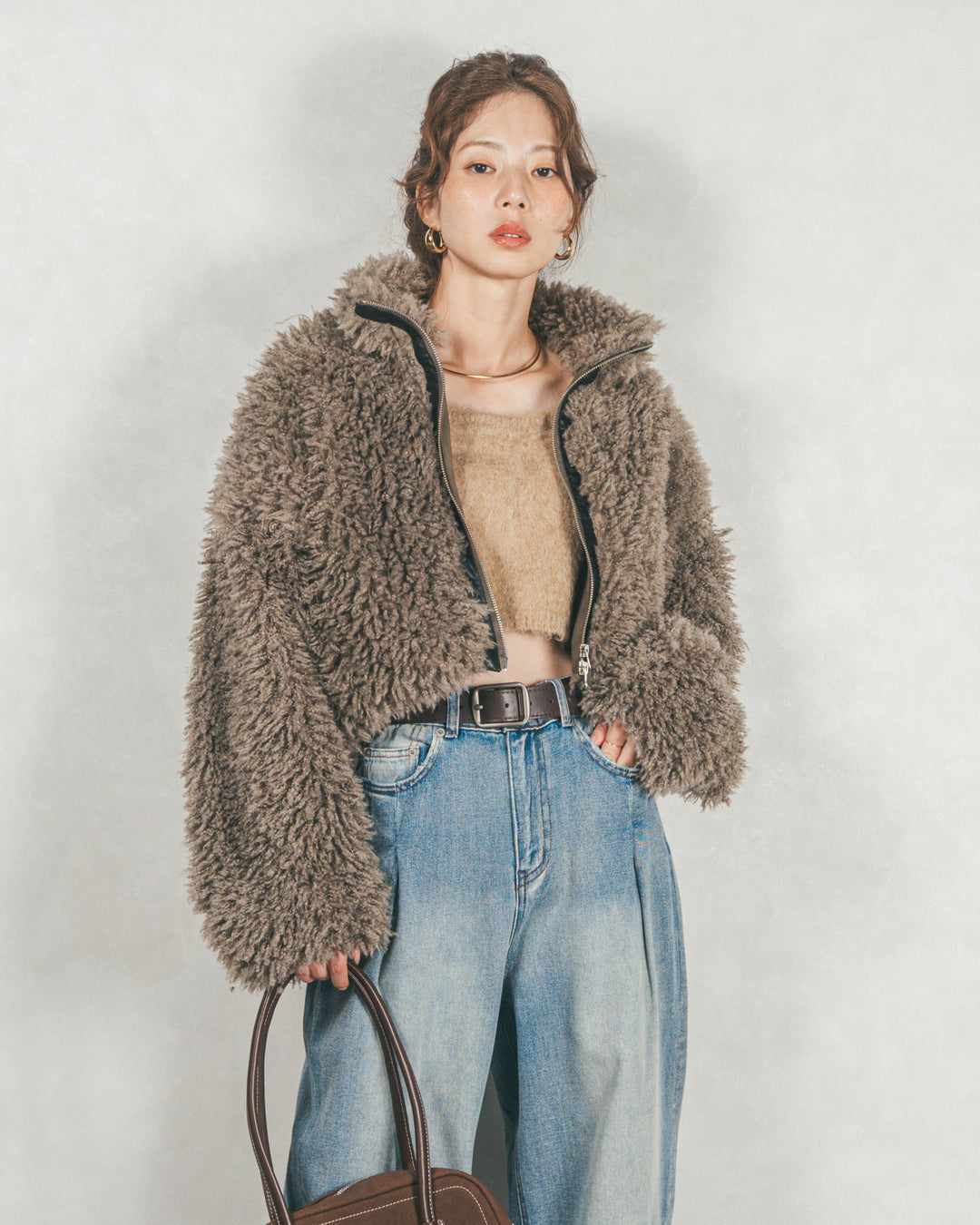 ［SET］プードルボアZipショートコート+ワイドTuckイージーデニム（2SET）