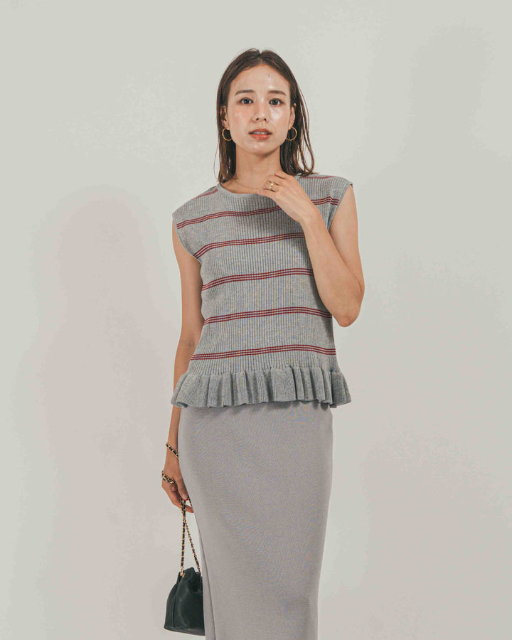 ［SET］Rib Border フリルニット + Relax Knit ストレートスカート（2SET）