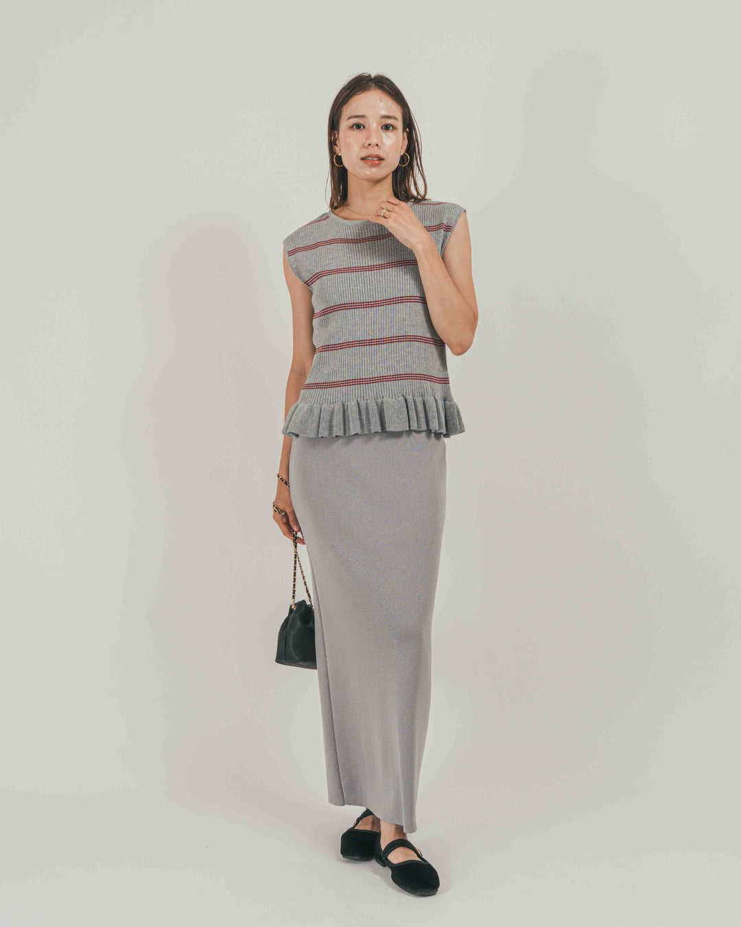 ［SET］Rib Border フリルニット + Relax Knit ストレートスカート（2SET）