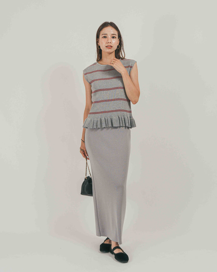 ［SET］Rib Border フリルニット + Relax Knit ストレートスカート（2SET）