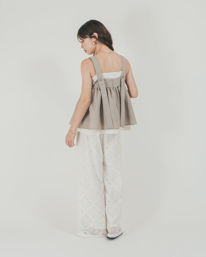 ［SET］スラブTweedバイカラーティアードキャミ + Blockレース　ストレートパンツ（2SET）