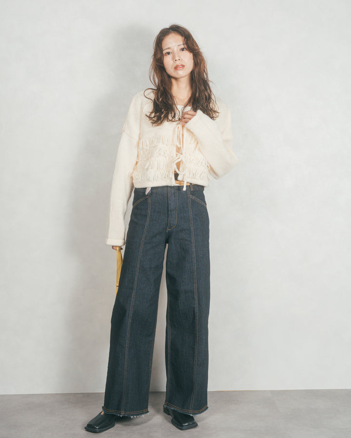 ［SET］ループ編みフリンジカーディガン+センターシーム リラックスワイドデニム（2SET）