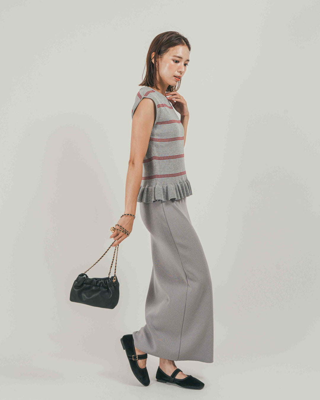［SET］Rib Border フリルニット + Relax Knit ストレートスカート（2SET）