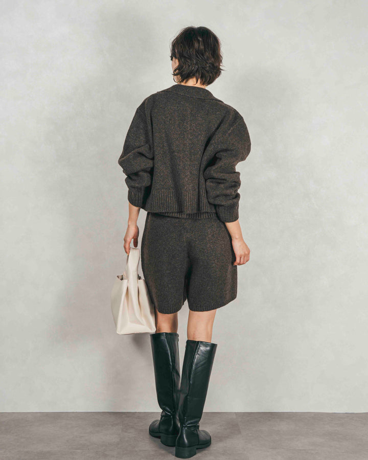 Cloudyメランジ襟付きカーディガン (BROWN)