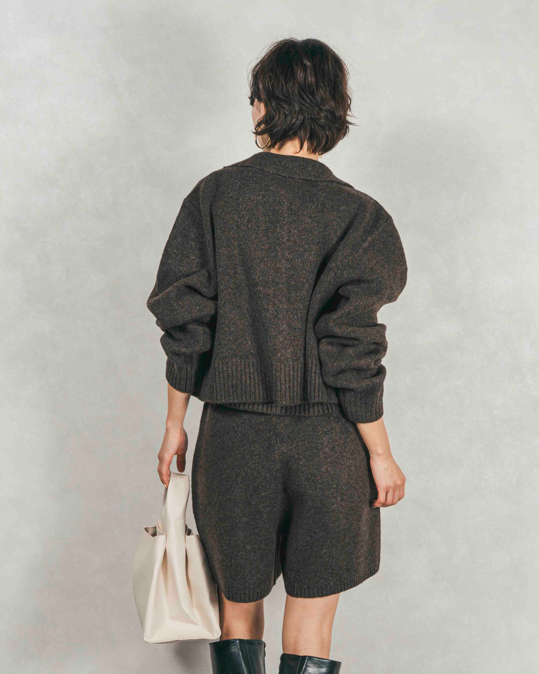 ［SET］Cloudyメランジ襟付きカーディガン+Cloudyメランジクロップドベスト+Cloudyメランジハーフパンツ（3SET）