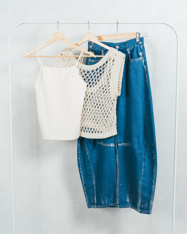 ［SET］2-Way Uネックメッシュニットベスト+［カップ付き］ヘルシーフィットリブキャミ+ハクデザインカーブデニム（3SET）