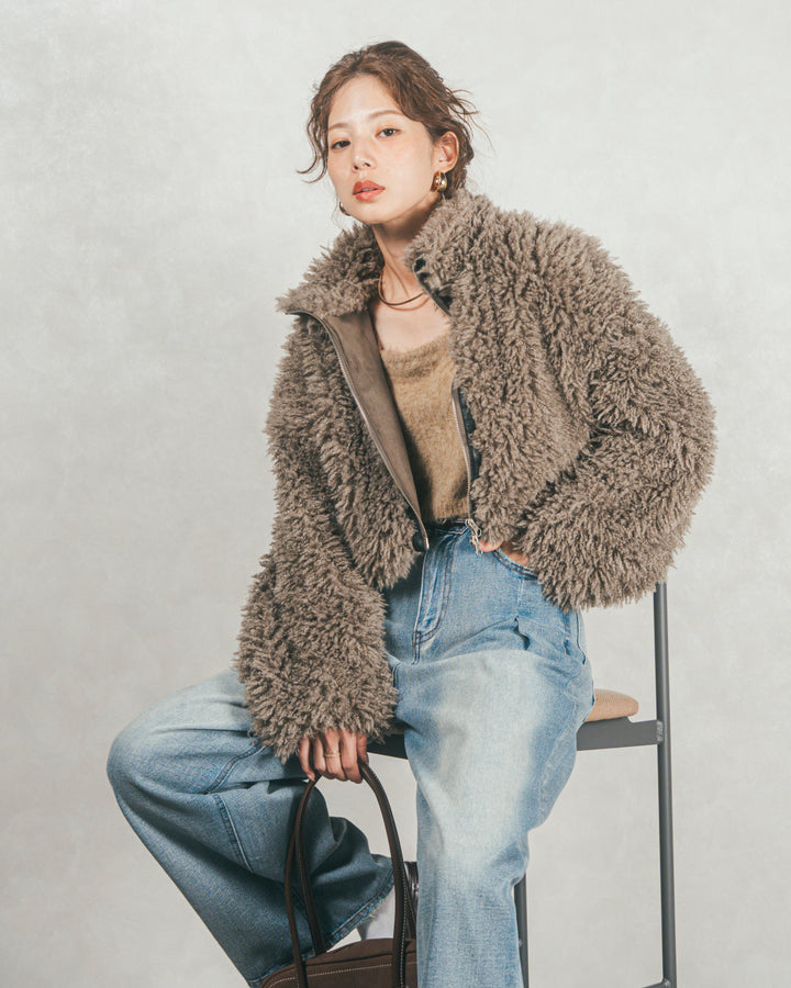 プードルボアZipショートコート (GREIGE)