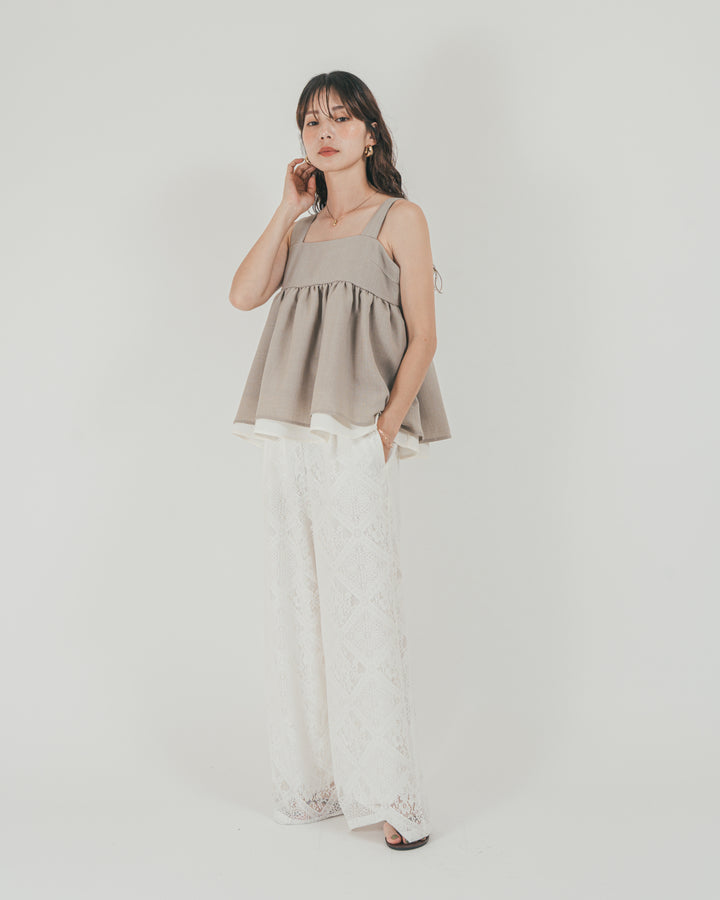 ［SET］スラブTweedバイカラーティアードキャミ + Blockレース　ストレートパンツ（2SET）