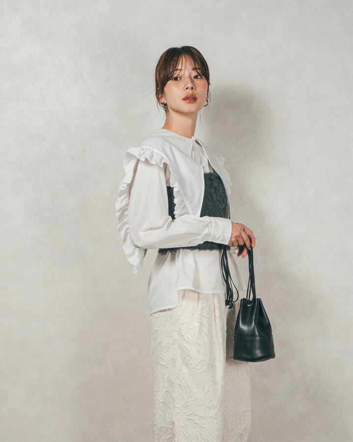 ［SET］2WAYビッグフリルカラーブラウス+モヘアタッチKnitビスチェ+フリンジジャガードリラックスパンツ（3SET）