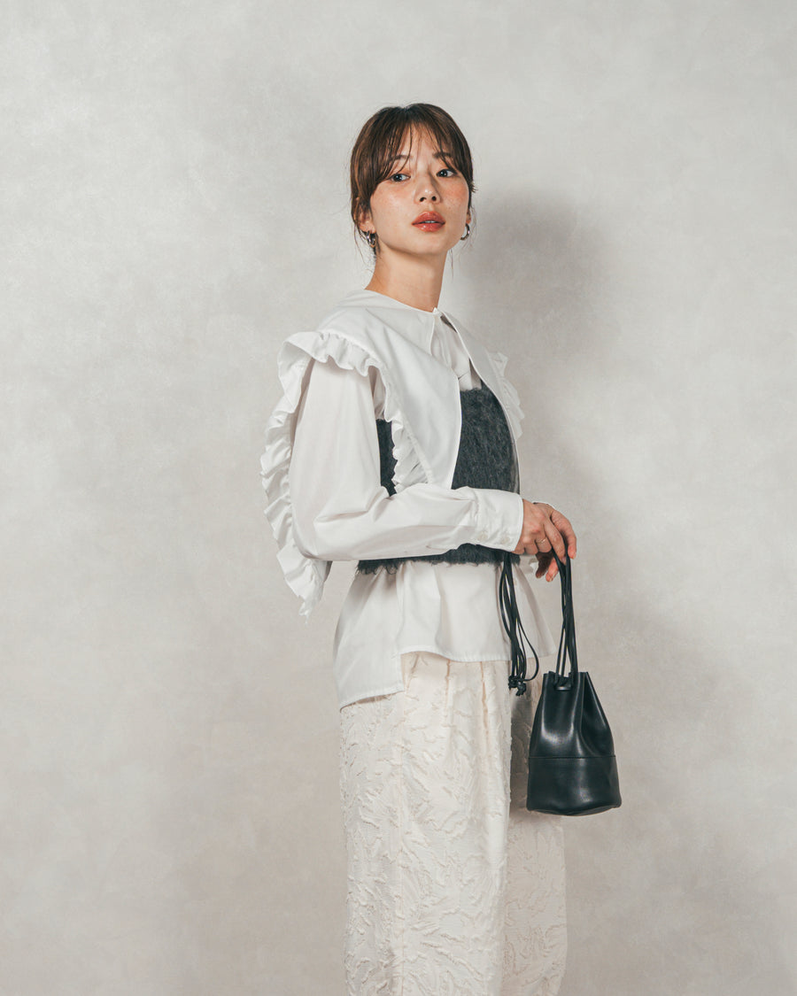 ［SET］2WAYビッグフリルカラーブラウス+モヘアタッチKnitビスチェ+フリンジジャガードリラックスパンツ（3SET）