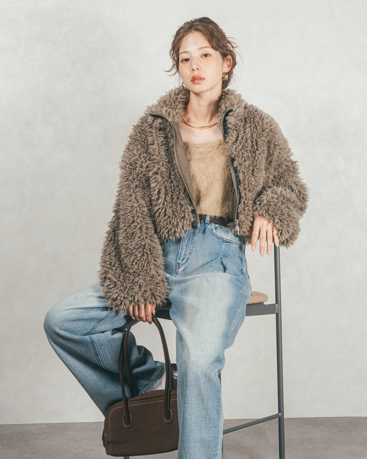 ［SET］プードルボアZipショートコート+ワイドTuckイージーデニム（2SET）