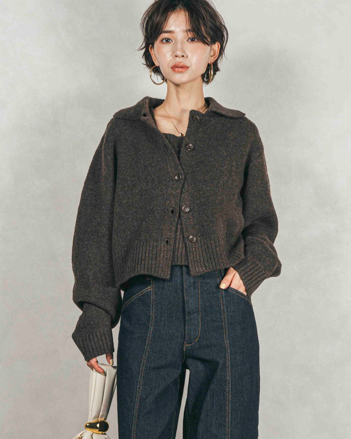 Cloudyメランジ襟付きカーディガン (BROWN)