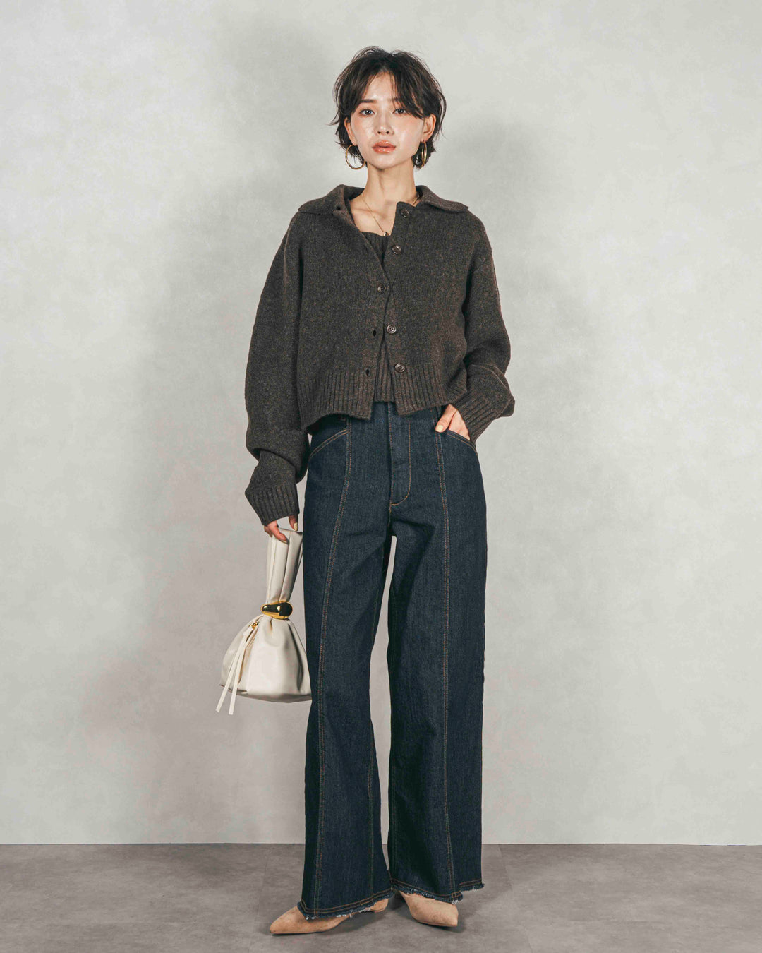 ［SET］Cloudyメランジ襟付きカーディガン+Cloudyメランジクロップドベスト+センターシーム リラックスワイドデニム（3SET）