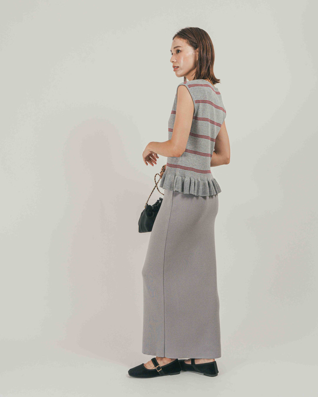 ［SET］Rib Border フリルニット + Relax Knit ストレートスカート（2SET）