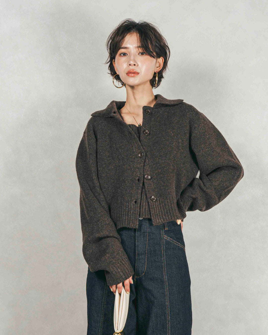 ［SET］Cloudyメランジ襟付きカーディガン+Cloudyメランジクロップドベスト+センターシーム リラックスワイドデニム（3SET）