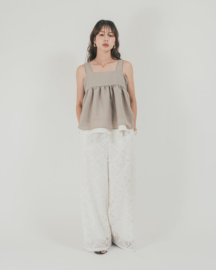 ［SET］スラブTweedバイカラーティアードキャミ + Blockレース　ストレートパンツ（2SET）