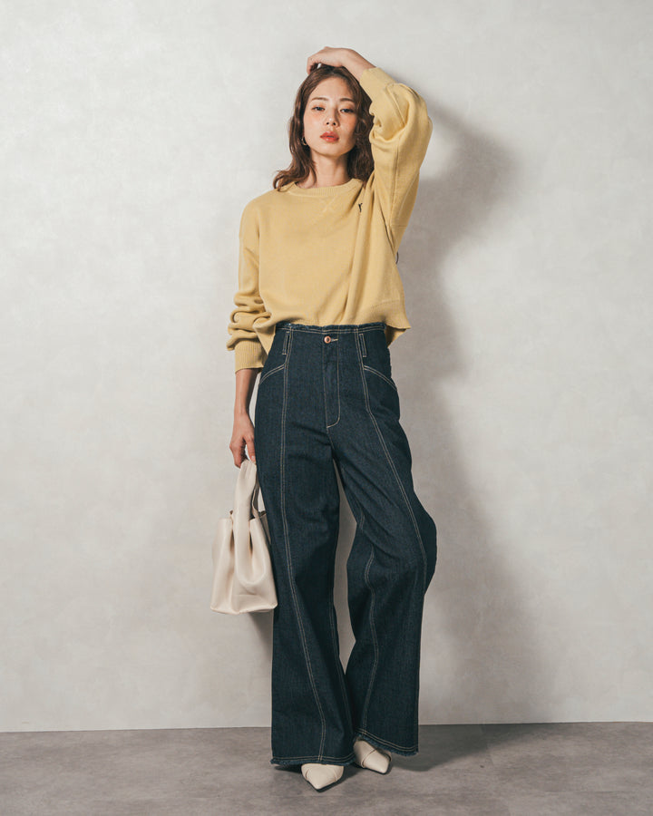 ［SET］スウェットライクロゴ刺繍ニット+センターシーム リラックスカラーデニム（2SET）