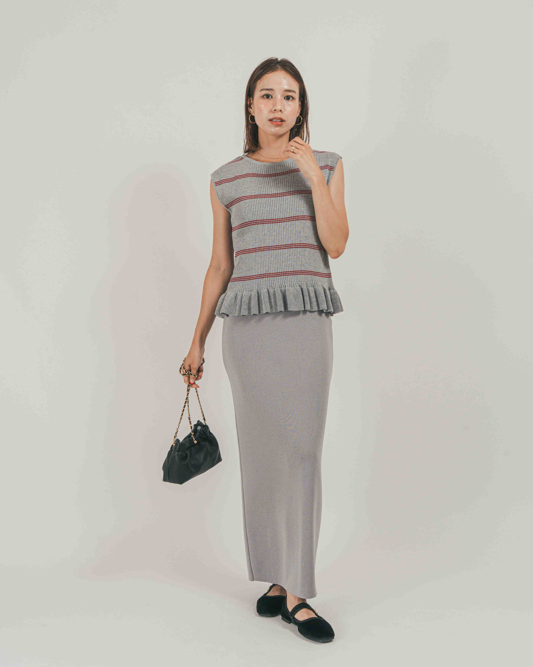 ［SET］Rib Border フリルニット + Relax Knit ストレートスカート（2SET）