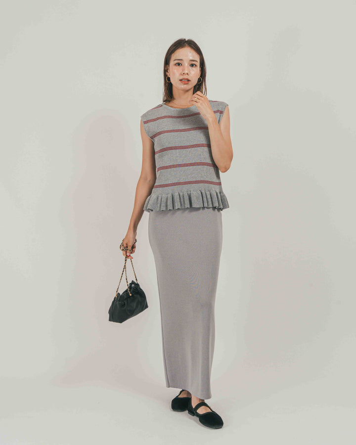 ［SET］Rib Border フリルニット + Relax Knit ストレートスカート（2SET）