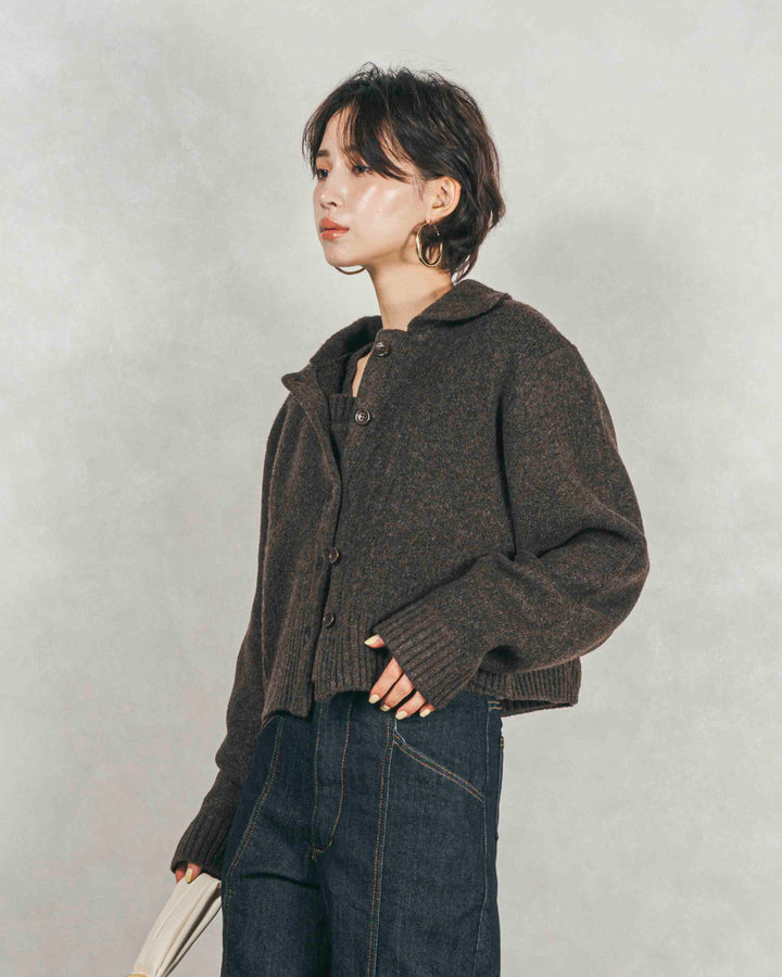 ［SET］Cloudyメランジ襟付きカーディガン+Cloudyメランジクロップドベスト+センターシーム リラックスワイドデニム（3SET）