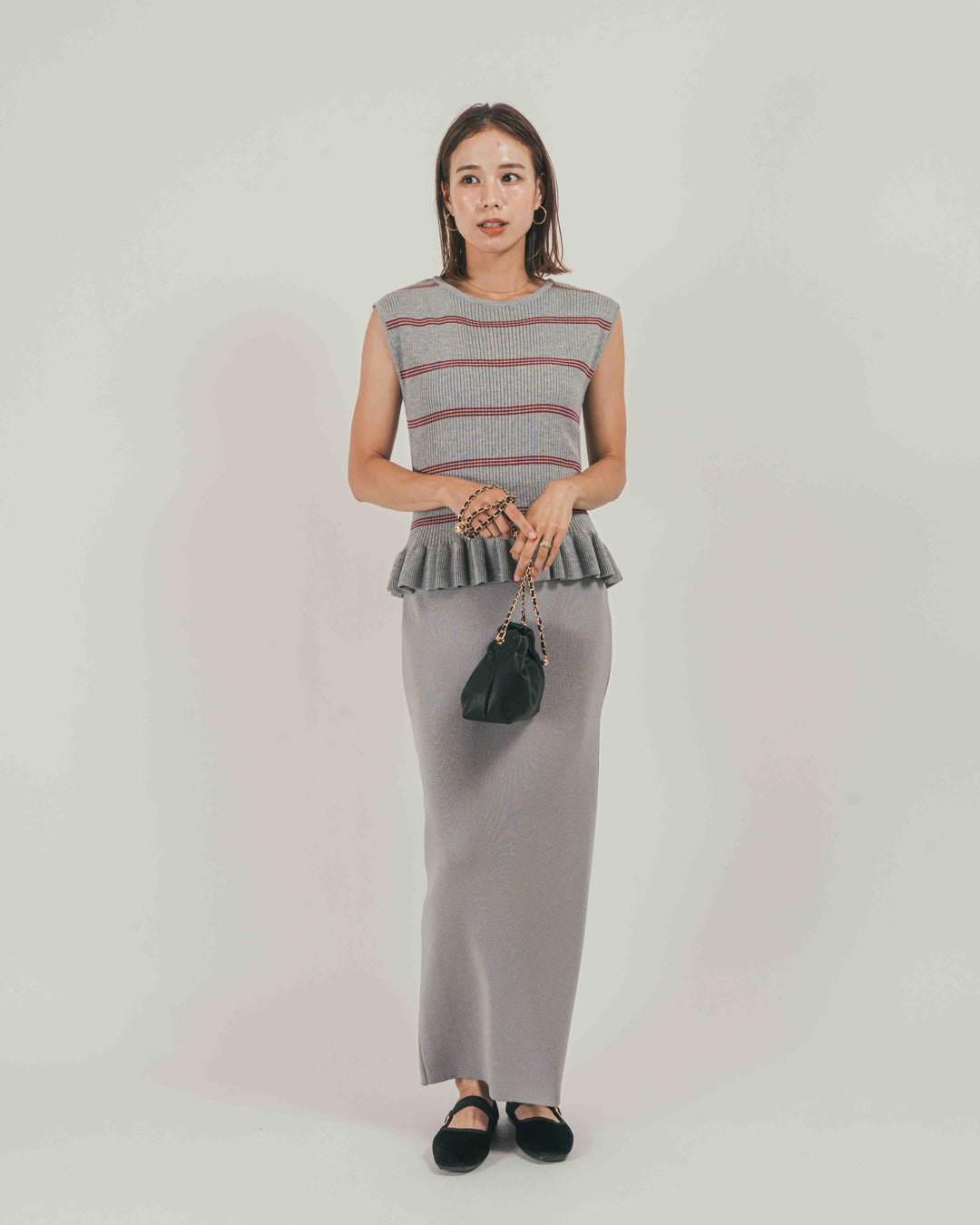 ［SET］Rib Border フリルニット + Relax Knit ストレートスカート（2SET）