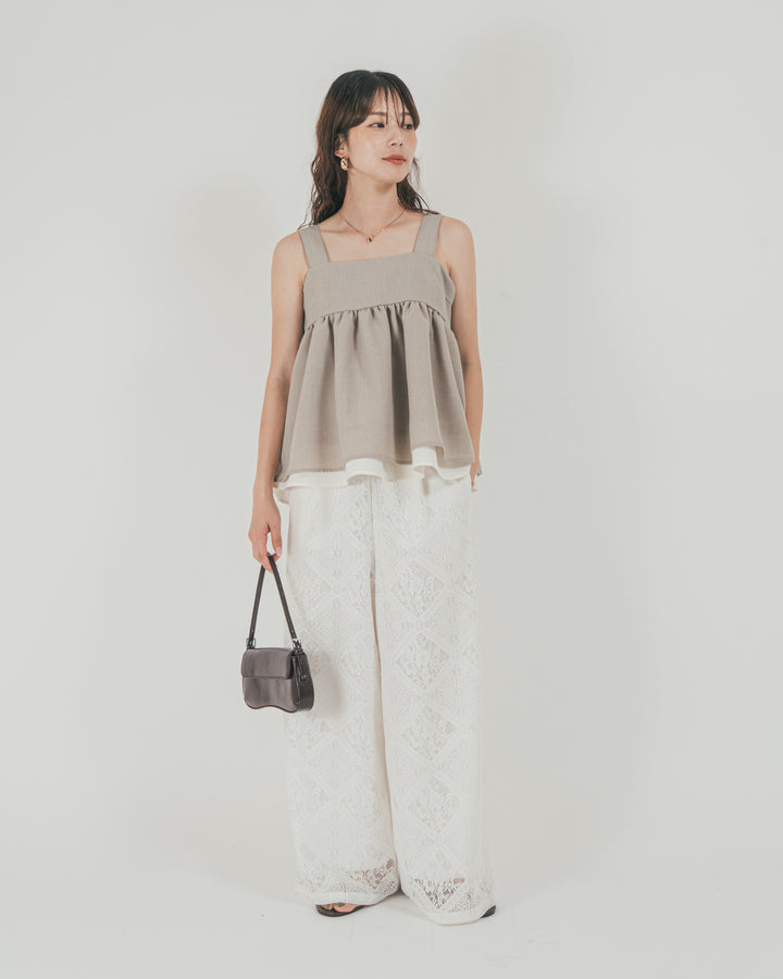 ［SET］スラブTweedバイカラーティアードキャミ + Blockレース　ストレートパンツ（2SET）