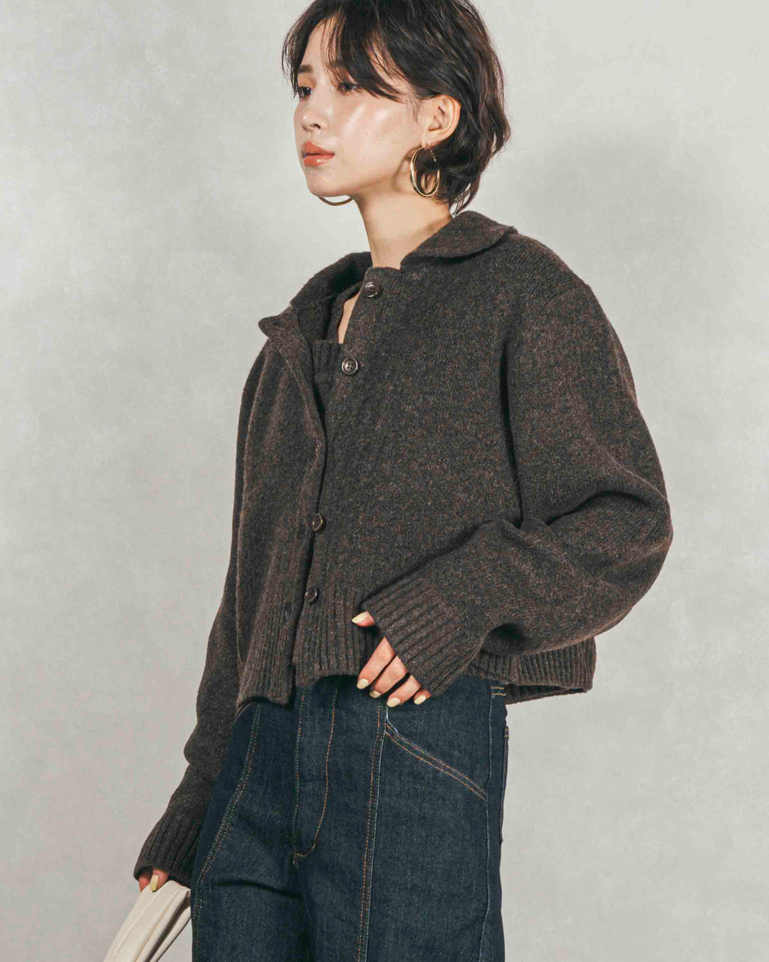 Cloudyメランジ襟付きカーディガン (BROWN)