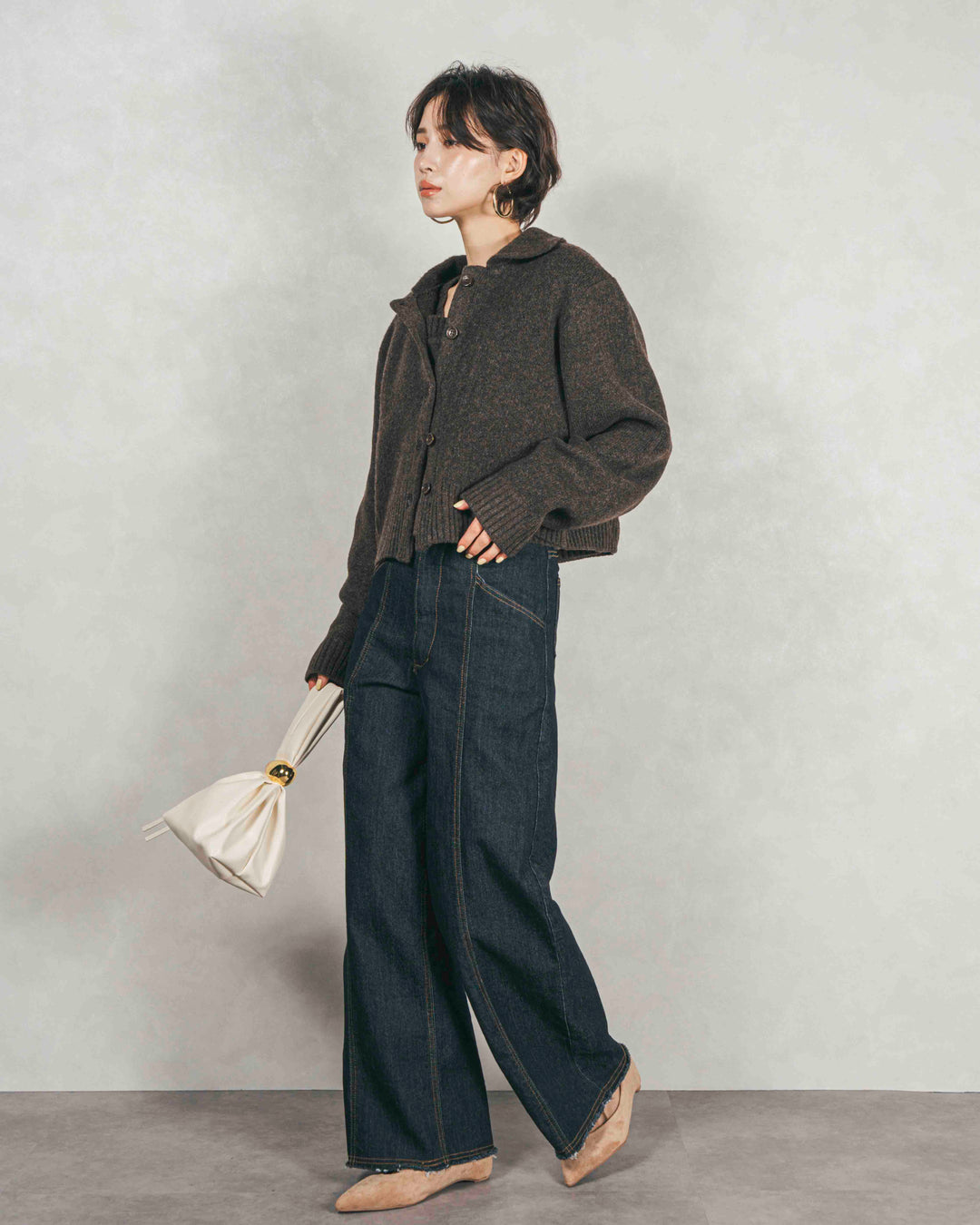 ［SET］Cloudyメランジ襟付きカーディガン+Cloudyメランジクロップドベスト+センターシーム リラックスワイドデニム（3SET）