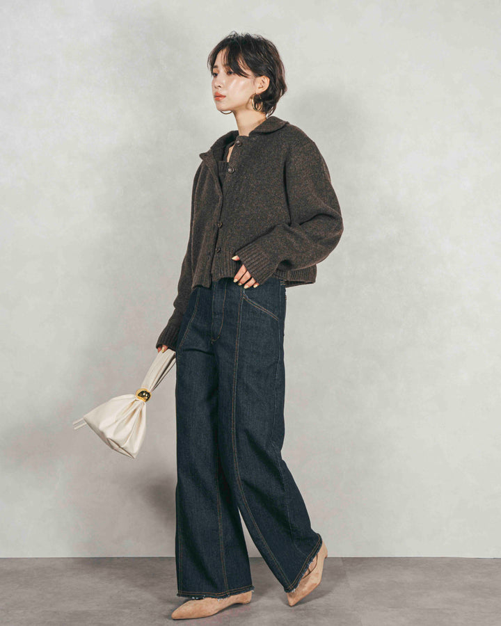 ［SET］Cloudyメランジ襟付きカーディガン+Cloudyメランジクロップドベスト+センターシーム リラックスワイドデニム（3SET）