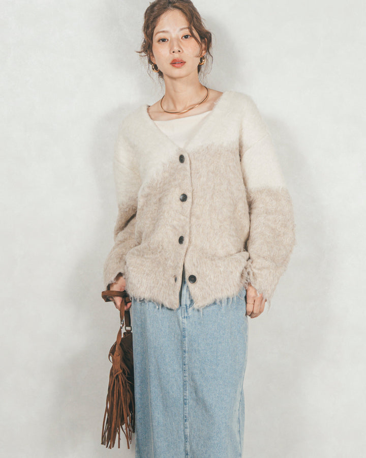 Airyフェザー ニットカーディガン (BEIGE×WHITE)