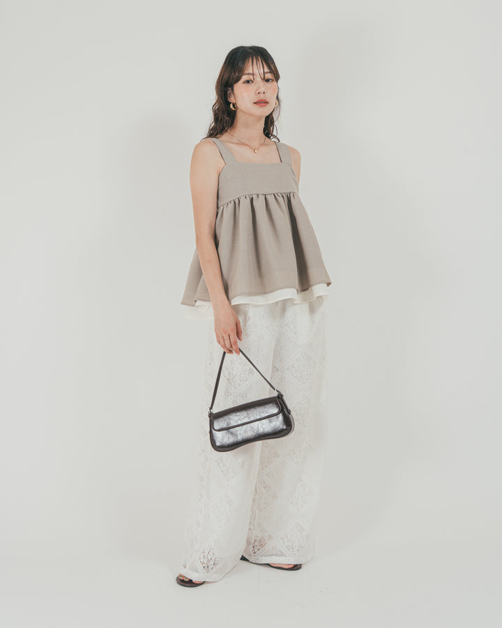 ［SET］スラブTweedバイカラーティアードキャミ + Blockレース　ストレートパンツ（2SET）