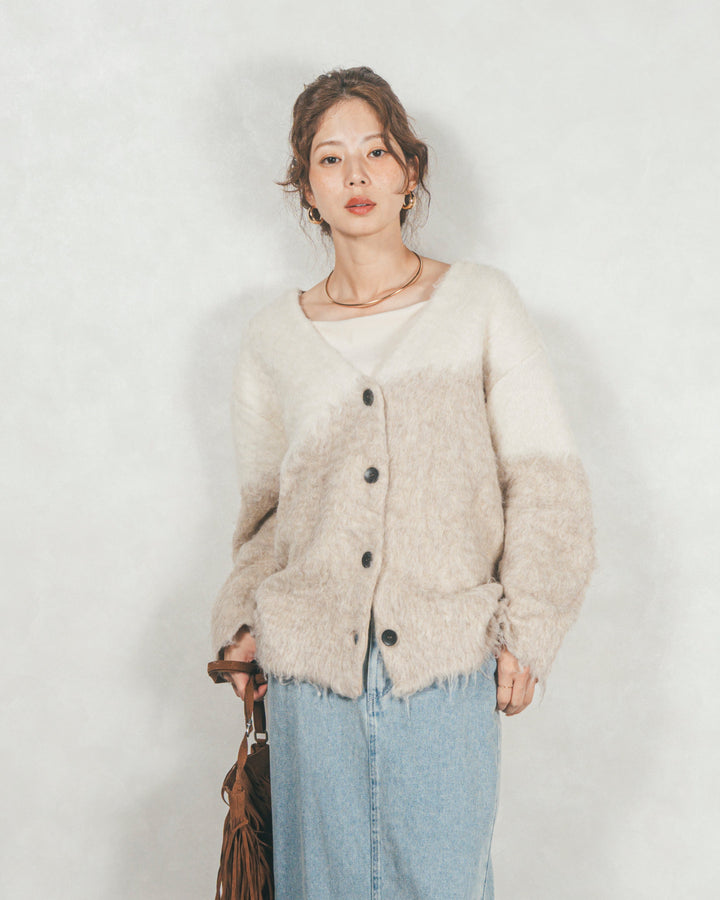 ［SET］Airyフェザー ニットカーディガン+フロントスリット Iラインデニムスカート（2SET）