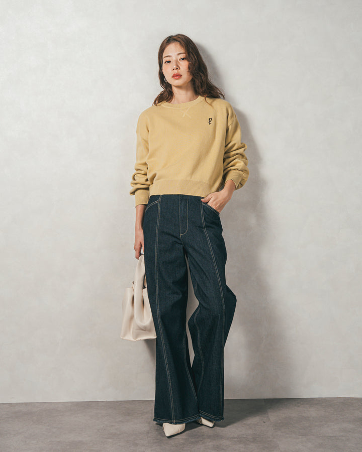 ［SET］スウェットライクロゴ刺繍ニット+センターシーム リラックスカラーデニム（2SET）