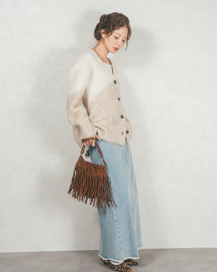 ［SET］Airyフェザー ニットカーディガン+フロントスリット Iラインデニムスカート（2SET）