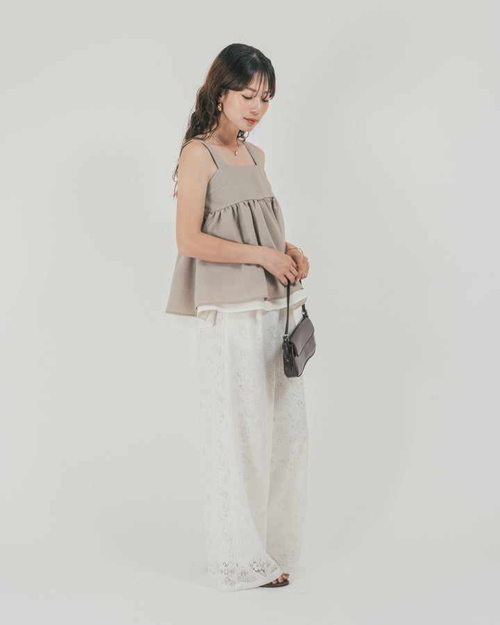 ［SET］スラブTweedバイカラーティアードキャミ + Blockレース　ストレートパンツ（2SET）