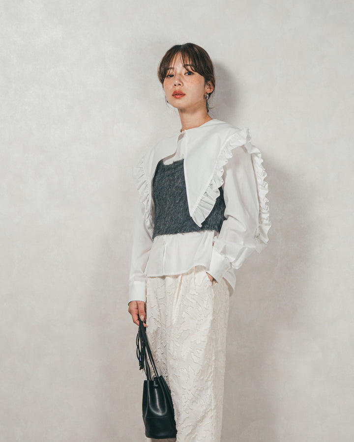 ［SET］2WAYビッグフリルカラーブラウス+モヘアタッチKnitビスチェ+フリンジジャガードリラックスパンツ（3SET）