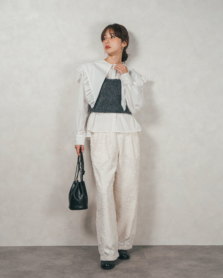 ［SET］2WAYビッグフリルカラーブラウス+モヘアタッチKnitビスチェ+フリンジジャガードリラックスパンツ（3SET）