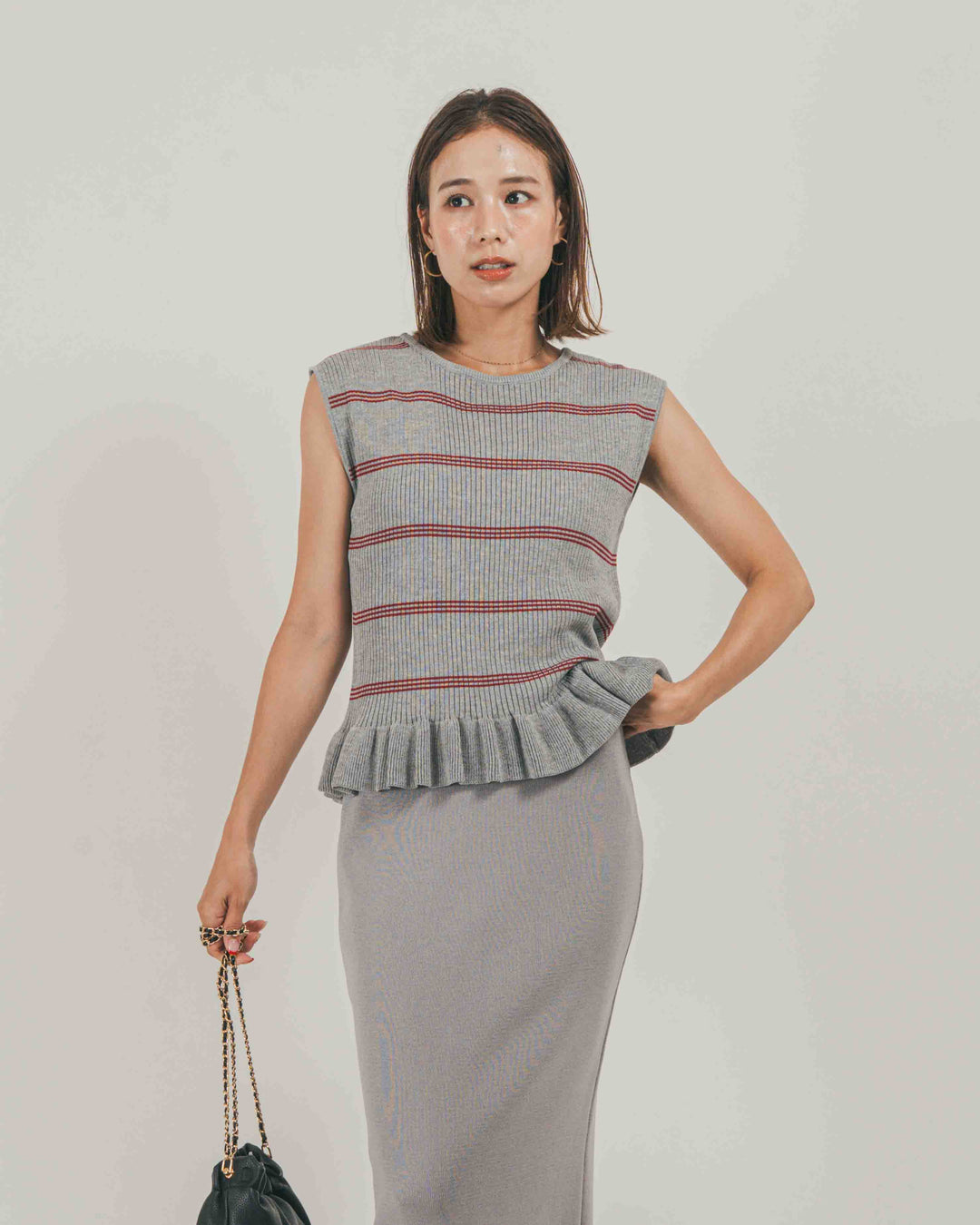 ［SET］Rib Border フリルニット + Relax Knit ストレートスカート（2SET）